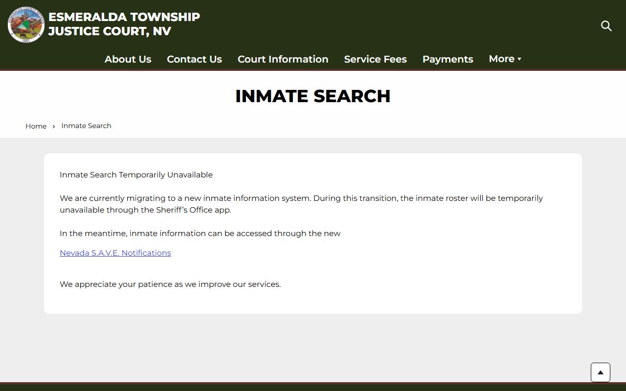 Esmeralda County inmate search unavailable notice for jail roster migration