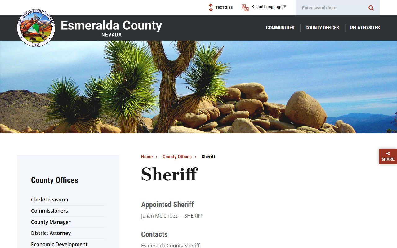 Esmeralda County Jail sheriff page and inmate records contact source